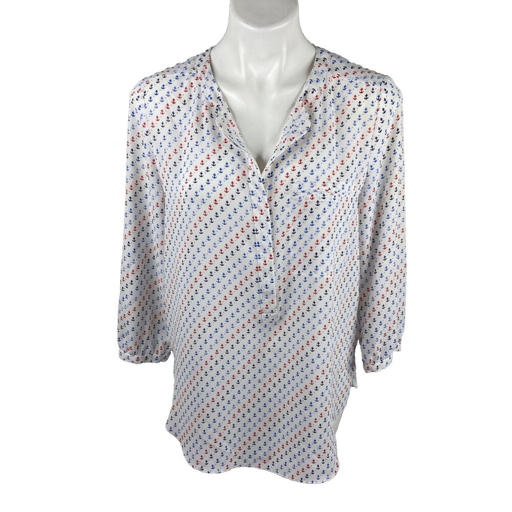 NYDJ Women Medium 1/2 Button Front Shirt Red White Blue Anchor 3/4 Sleeve